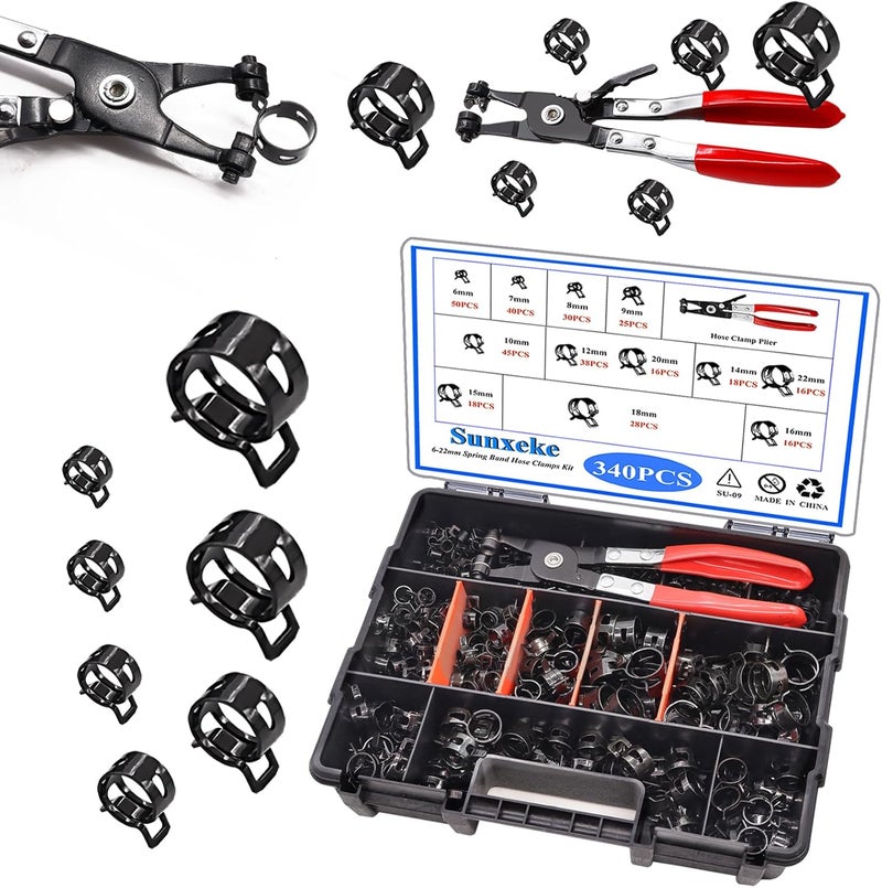 Sunxeke 340Pcs 6-22mm Spring Band Hose Clamps Kit,12 Sizes Spring Pipe Clamps with Swivel Flat Hose Clamp Plier,Low Pressure Air Clip Strap Clamp for Silicone Vacuum Hose Clamp Fuel Line Clamps - Image 1
